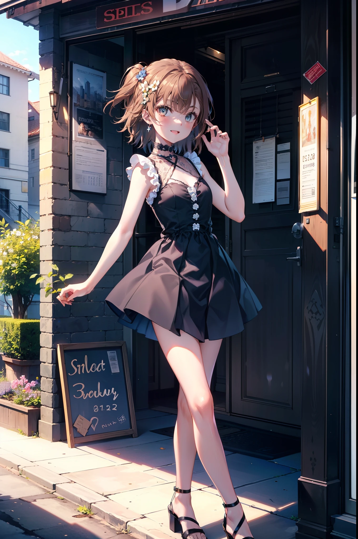 Mycotrose, Brown eyes,Brown Hair,short hair,One side up,Small breasts,Flower Hair Ornaments,happy smile, smile, Open your mouth,Sleeveless dress,Long skirt,Heeled Sandals,Walking,whole bodyがイラストに入るように, break looking at viewer, whole body, break outdoors, Coastal street with buildings, break (masterpiece:1.2), Highest quality, High resolution, unity 8k wallpaper, (shape:0.8), (Beautiful and beautiful eyes:1.6), Highly detailed face, Perfect lighting, Extremely detailed CG, (Perfect hands, Perfect Anatomy),