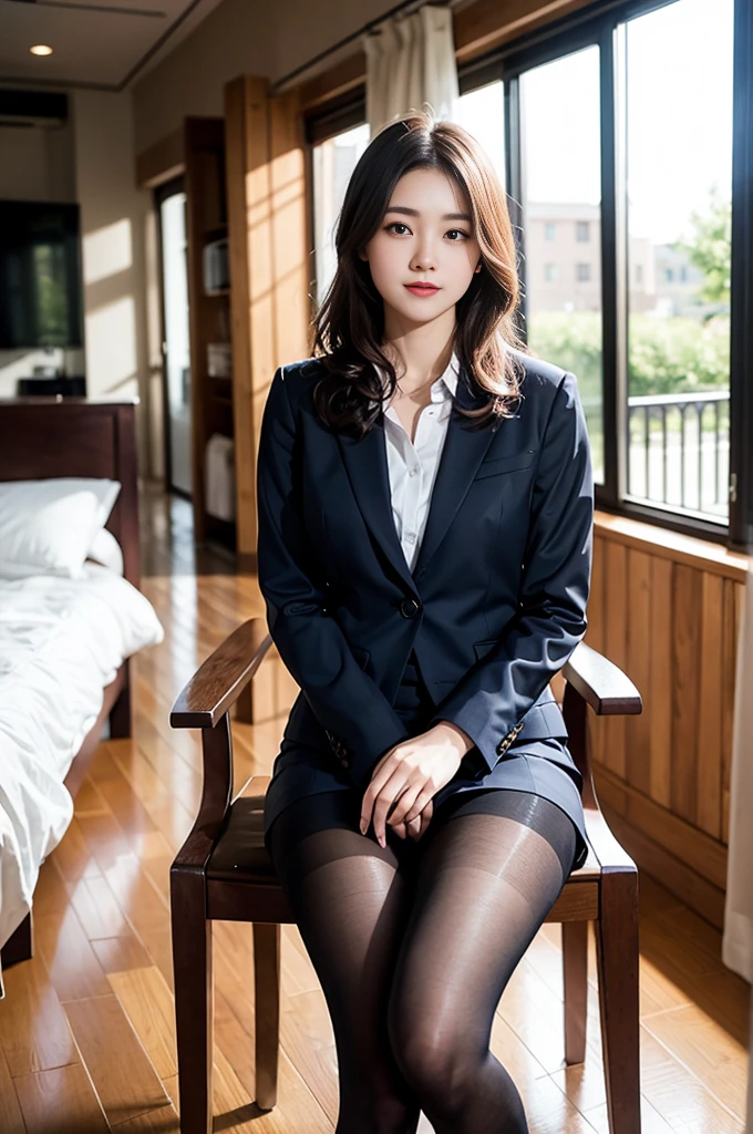 Ulzzang-6500-v1.1, (RAW photos:1.2), (realistic), (really:1.4), 1girl、very pretty girl、21 years old、game_nffsw, eye for detail, smile of shame、business fashion、business suit、thighs and skirt、sit on a chair、Working、(very realistic pantyhose:1.2), Curly hair、realistic skin texture、glowing skin、exposed thighs!!! , assembly、eye shadow、