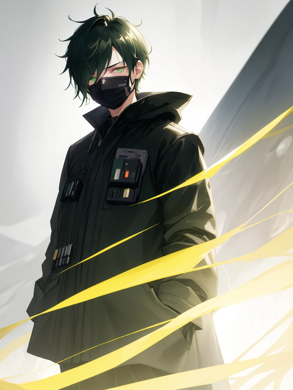 masterpiece, best quality, illustration, science fiction, black green theme, 1boy, solo, male focus, looking down at viewer, hands in pockets, skinny, detailed messy grey hair, glowing green eyes, black techwear coat, black mouth mask, wire, cable, (backlighting), hair_over_one_eye, night, darkness, upper body, gradient hair,