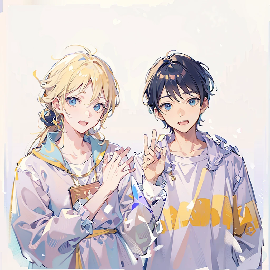 Two boys，lol，Handsome，wink，The person on the left has blond hair，The person on the right has dark blue hair，Open your hands，White background，Standing picture，Hand Painted，Pure white background，White sweatshirt，Simple background in white，8k，Correct human body，Detailed eye painting，illustration，Highest quality，Exquisite，Detailed face，Masterpiece，flat chest，Slim，young，16 years old，High-end，Hand Painted，Official Fanart, Visual novel, Anime style，Girly Romance, Produced by Anime Painter Studio，masterpiece, best quality,, Intricate details, Perfect, Golden Ratio Composition, 8K resolution, High resolution, fair, Vibrant pastel colors