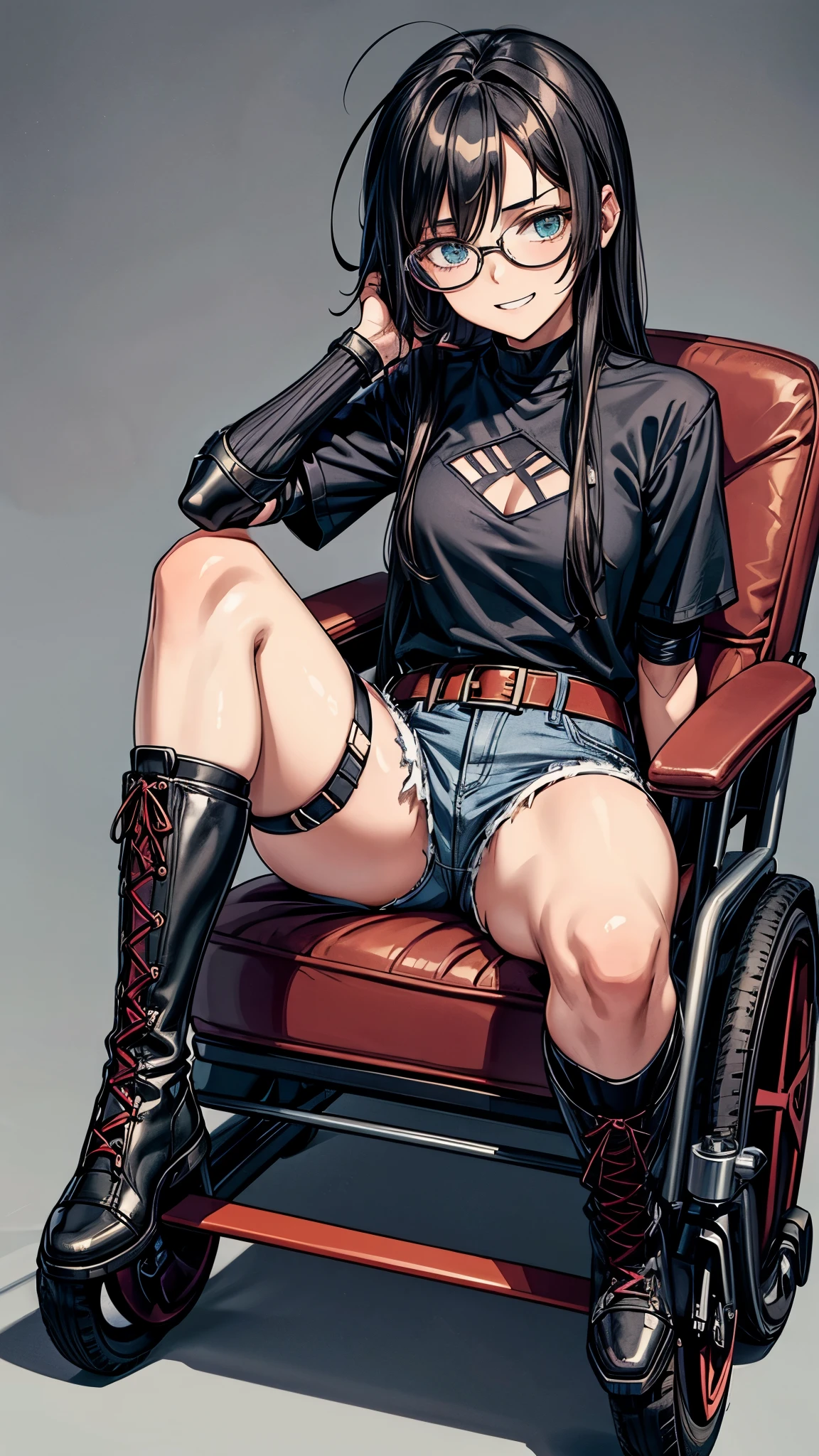 One 19 years old girl,girl in electric wheelchair,eight heads tall,thin legs,black messy hair,black middle hair,hair over eyes,glasses,dark,it hurts,scary,nervous eyes,grin,she’s riding a electric wheelchair,legs in cast,leg brace,leg brace,black meshed tops,short sleeves,micro shorts,lace up long boots,fingerless glove,knee pads,elbow pads.the girl secured with many belts.