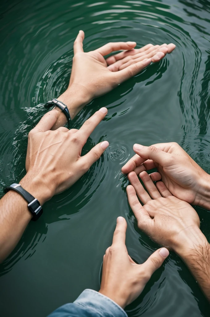 Create an image of two drowning people golding each-others hand and trying to grab something.