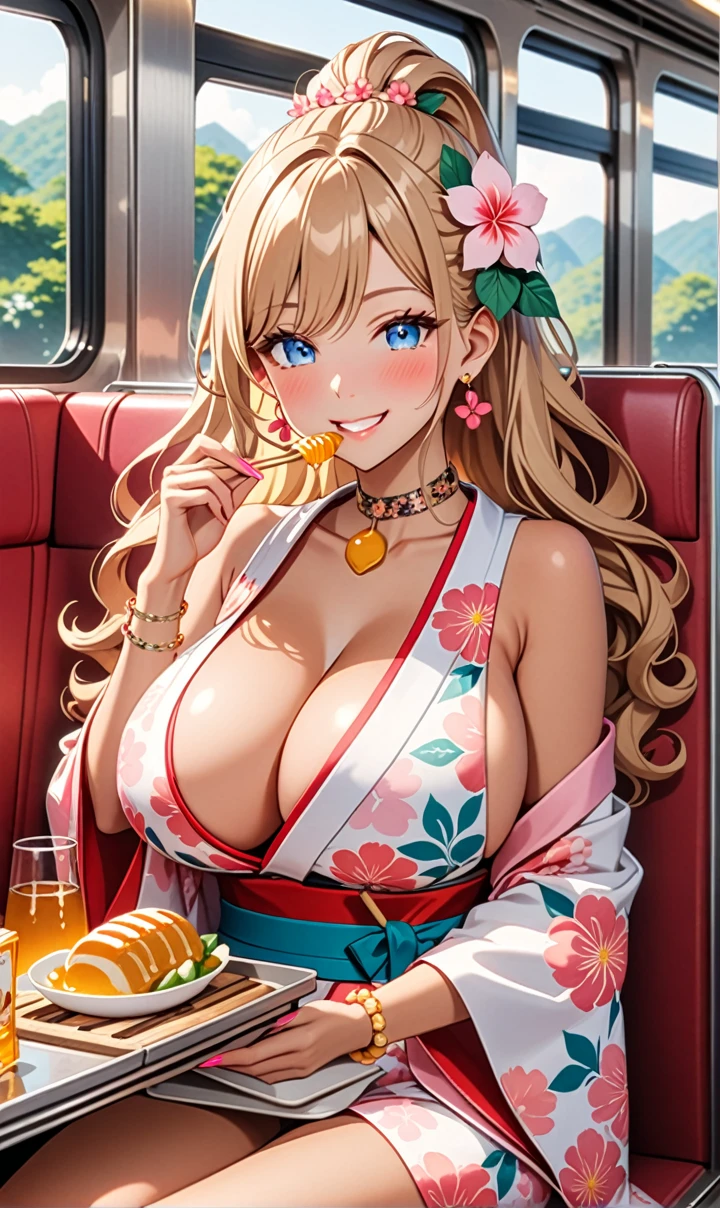 ultra-detailed, ((one girl)),  (tan skin:1.4), in pastel colors gyaru, (heavy makeup), (professional lighting) hyper detailed, absurdres, 8k, Beautiful Face, (Laugh shyly), ((teasing smile:1.6)), ((happy smile:1.5)),  ((Wink:1.6)), (Laugh with your mouth wide open),((Tilt your face:1.6)), View your viewers, ((Bright red cheeks:1.6)),Glossy shocking pink lips, ((huge breasts:1.6)),  ((undressing)), noon, summer, on the train, Anime style background)),masterpiece, Highest quality, (Brighten your face), so beautiful,Latest, Complex details, ((fluorescent pink long nail:1.2)), (ring),(bracelet), (Floral choker),AI-generated, Complex,High resolution, Highest quality, super high quality,3D Images、3D Images,One person, ((honey blond long hair), (High Ponytail), (wavy hair:1.4), Anime woman posing for a photo, ((Fine grain、blue eyes、glowing eyes:1.3)), (Squint your eyes:1.1),a hyperRealistic , hyperRealistic , Realistic,Anime woman with long honey blonde hair, Smooth anime CG art, A girl in a gorgeous pastel-colored kimono, ((Pastel-colored furisode)),(Pink large floral pattern),  (sideboob), Long flower hair ornament,Big earrings, Mature Body, tall,Narrow waist, portrait, (Sit in your seat), (learning forward:1.0), (Eating lunch),