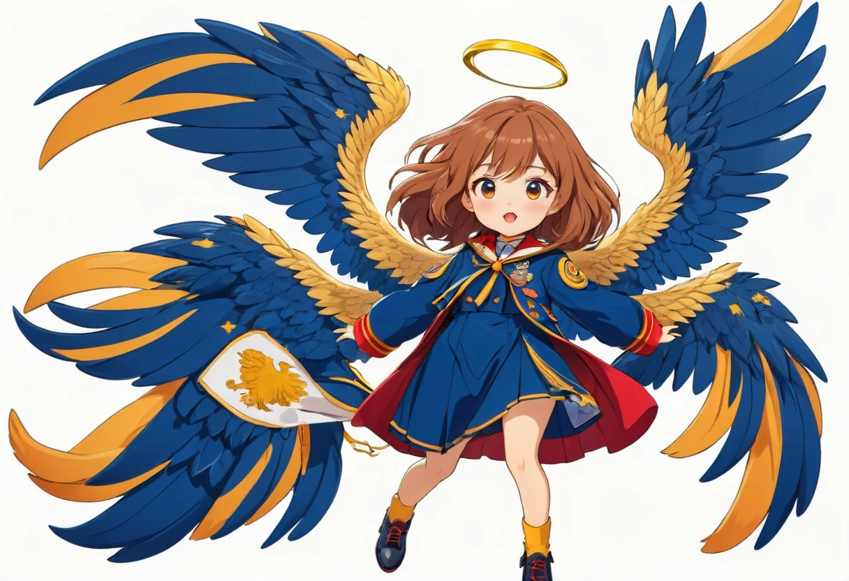 Design an animated character for a bottarga that is a girl who is an eagle, This character is an English student who wears a uniform with royal blue and red colors in her clothing., place white background 