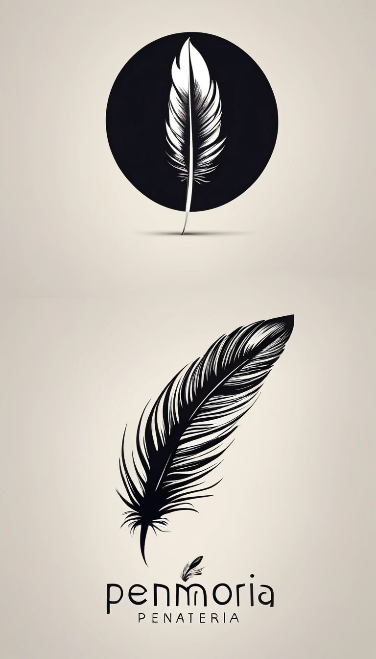 A minimalist, fantastic, poetic, dreamy, captivating, memorable, masterpiece, modern, simple logo design of a boy and a feather for the brand “Penamemoria". The logo must convey a sense of music, stories and dreams. Minimalistic logo design of a boy and a feather.