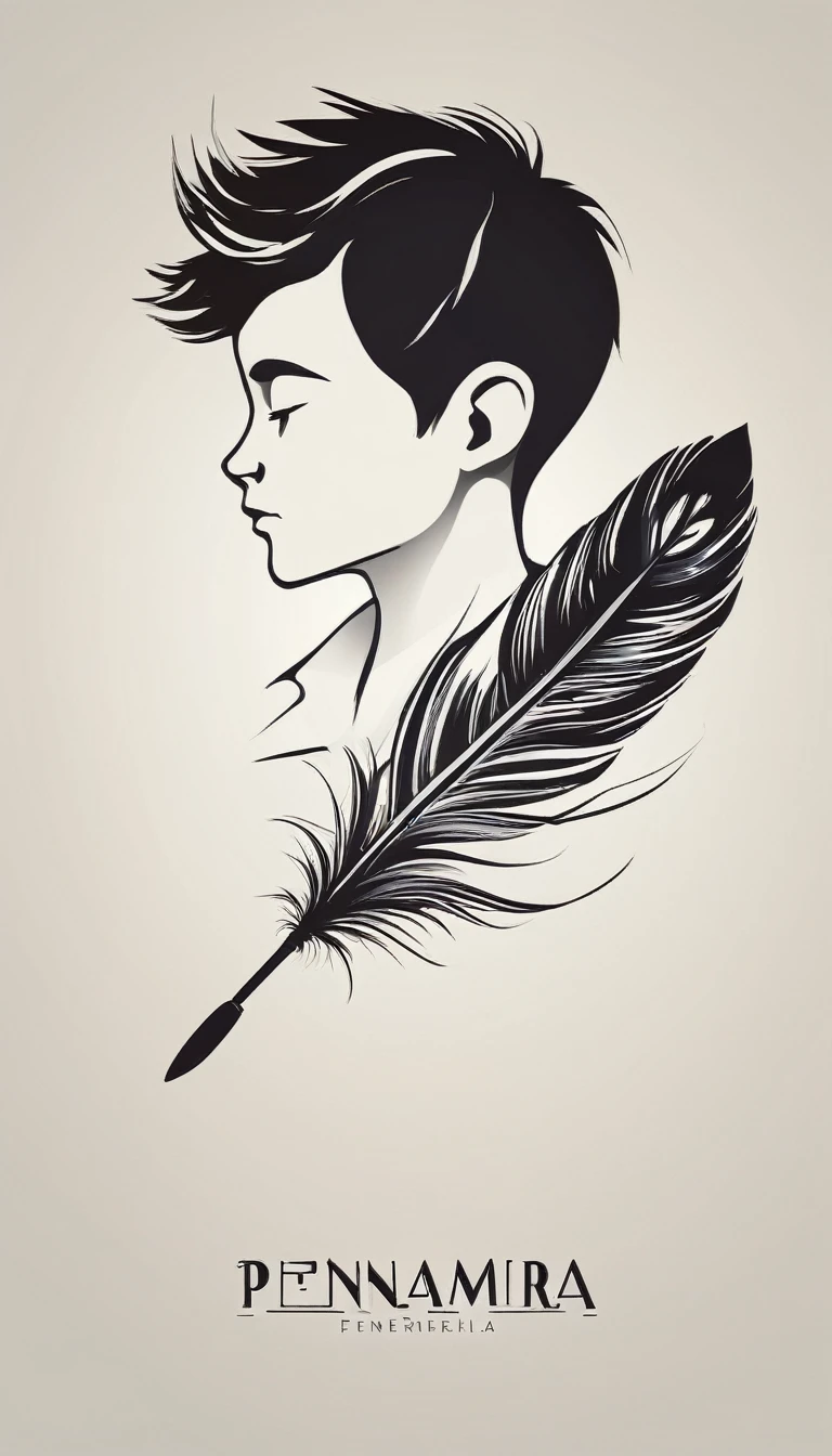 A minimalist, fantastic, poetic, dreamy, captivating, memorable, masterpiece, modern, simple logo design of a boy and a feather for the brand “Penamemoria". The logo must convey a sense of music, stories and dreams. Minimalistic logo design of a boy and a feather.