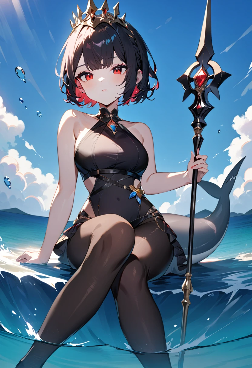 A queen sitting on water,blue sea, blue sky,short hair,Red eyes,Full figure,Black pantyhose,Swimsuit with colorful gemstones,A black shark tail,Holding a scepter