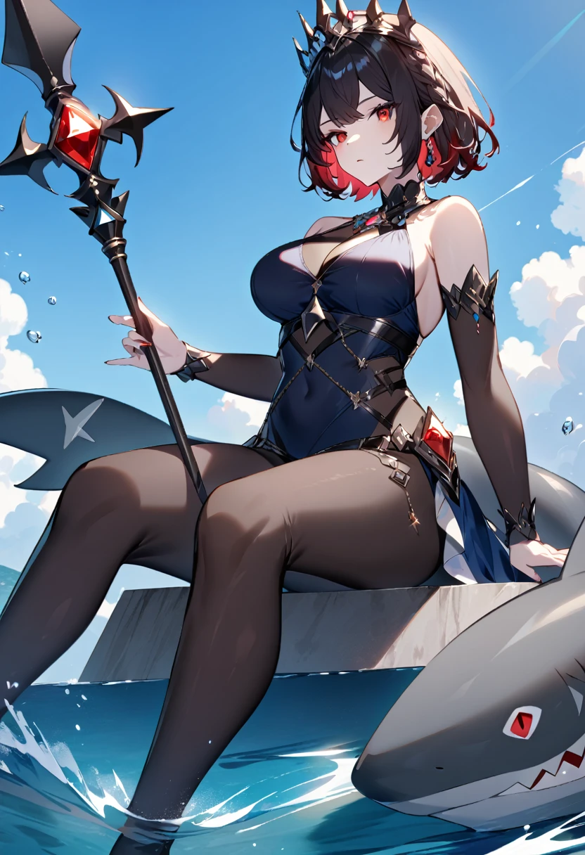 A queen sitting on water,blue sea, blue sky,short hair,Red eyes,Full figure,Black pantyhose,Swimsuit with colorful gemstones,A black shark tail,Holding a scepter