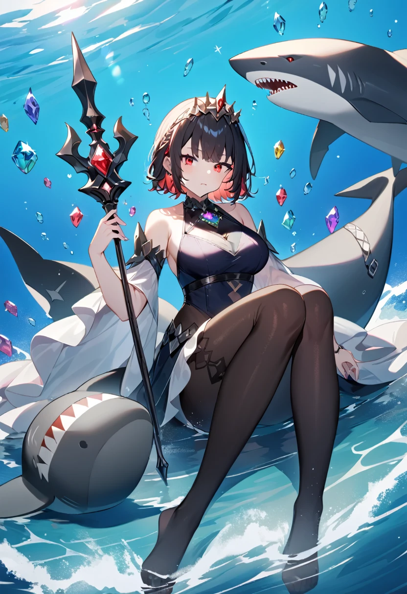 A queen sitting on water,blue sea, blue sky,short hair,Red eyes,Full figure,Black pantyhose,Swimsuit with colorful gemstones,A black shark tail,Holding a scepter