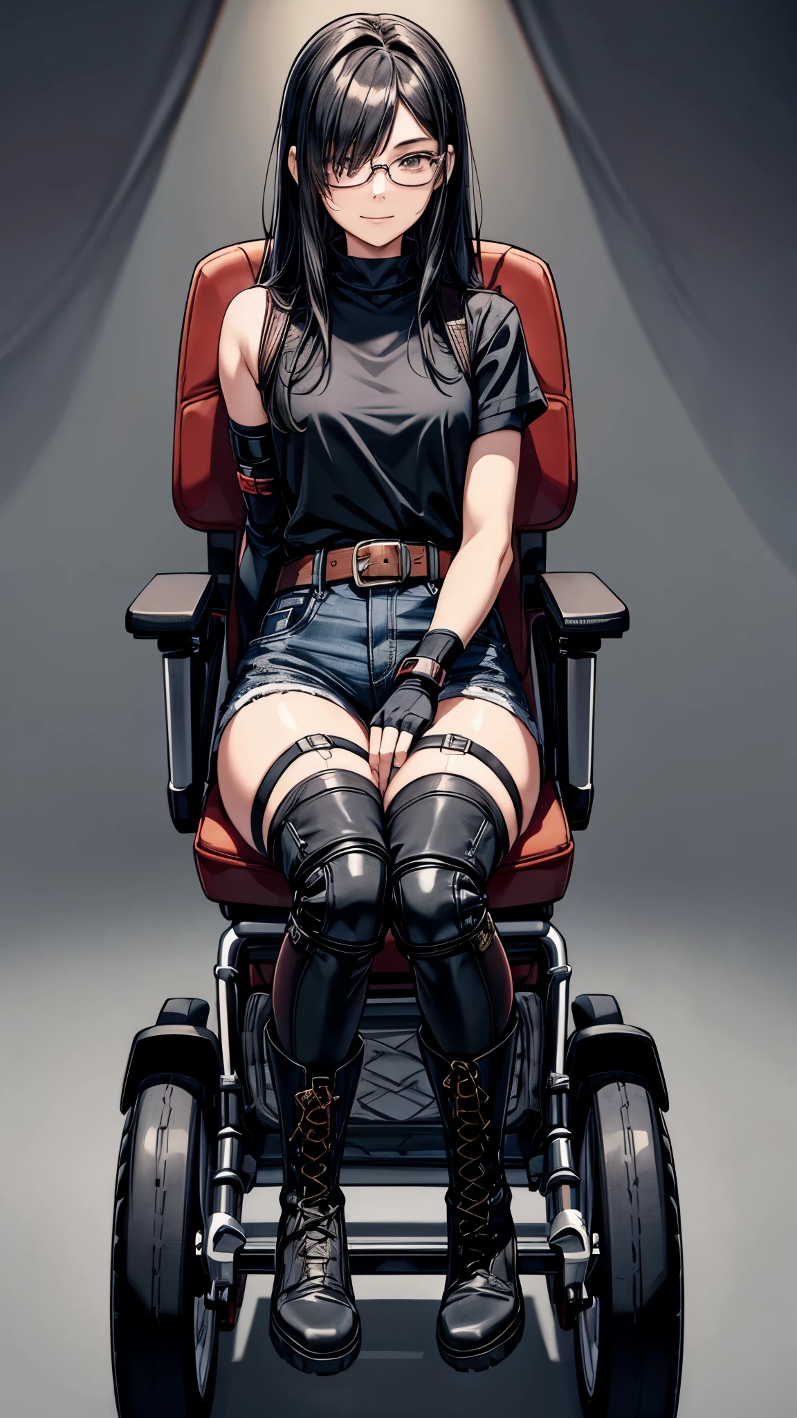 One 19 years old girl,girl in electric wheelchair,eight heads tall,thin legs,black messy hair,black middle hair,hair over eyes,glasses,dark,it hurts,scary,nervous eyes,grin,she’s riding a electric wheelchair,legs in cast,leg brace,leg brace,black meshed tops,short sleeves,micro shorts,lace up long boots,fingerless glove,knee pads,elbow pads.the girl secured with many belts.