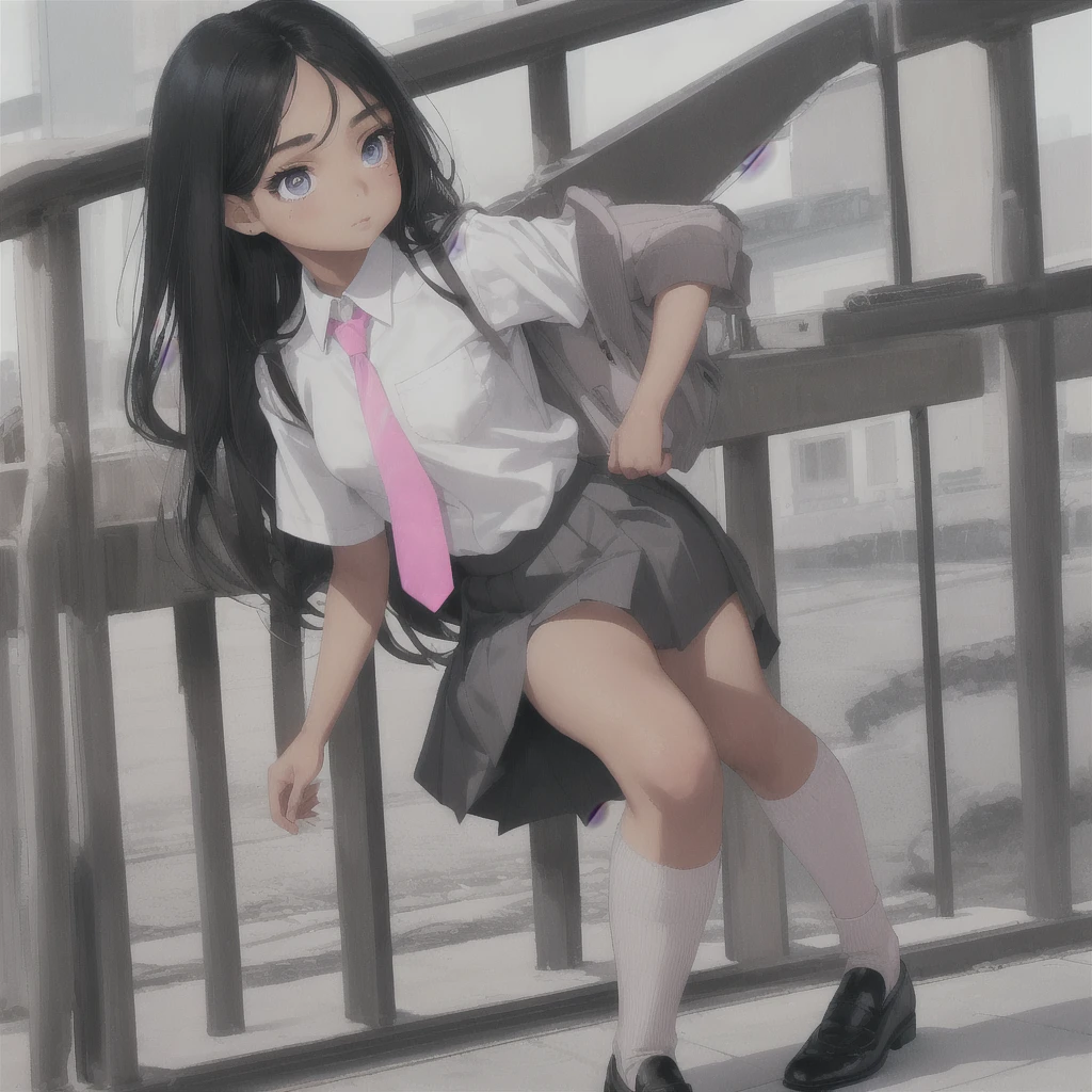 Latina teen, brown skin, beautiful face, small nose , eyelashes, blue eyes, long straight black hair, white school shirt, pink tie, grey medium length skirt, white socks, black fancy shoe, side profile