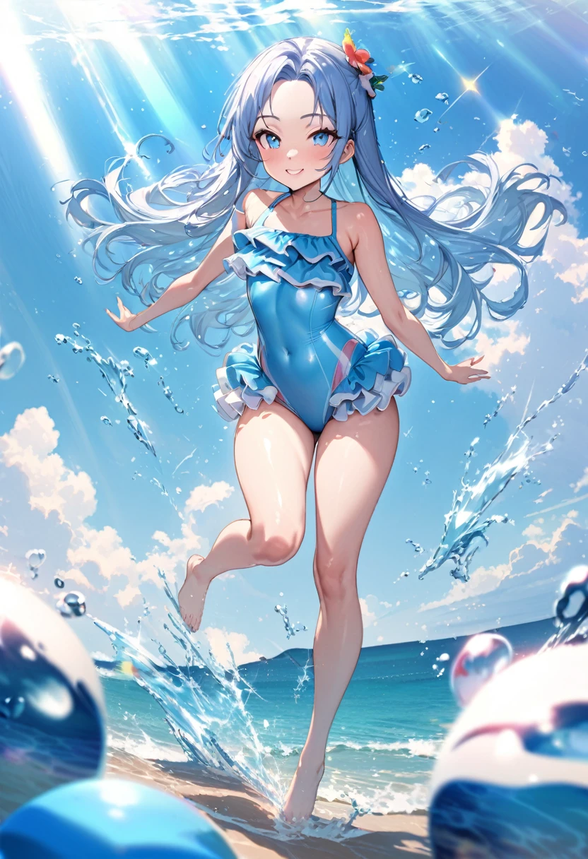 (full body, pov lovely swimsuit style) (beautiful body), (solo:2, 15 yo, forehead blue hair long hair lovely girl, cute blue eyes, glossy lip, love smile), (in a cute Layered frills blue one piece swimsuit with double exposure:1.2 beautiful water), break, in the sunshine Swimsuit contest venue, background beautiful ocean, Double Exposure beautiful rays, BREAK, perfect anatomy, masterpiece, best quality, 16k, beautiful detailed water, sexy, daydreaming expression.