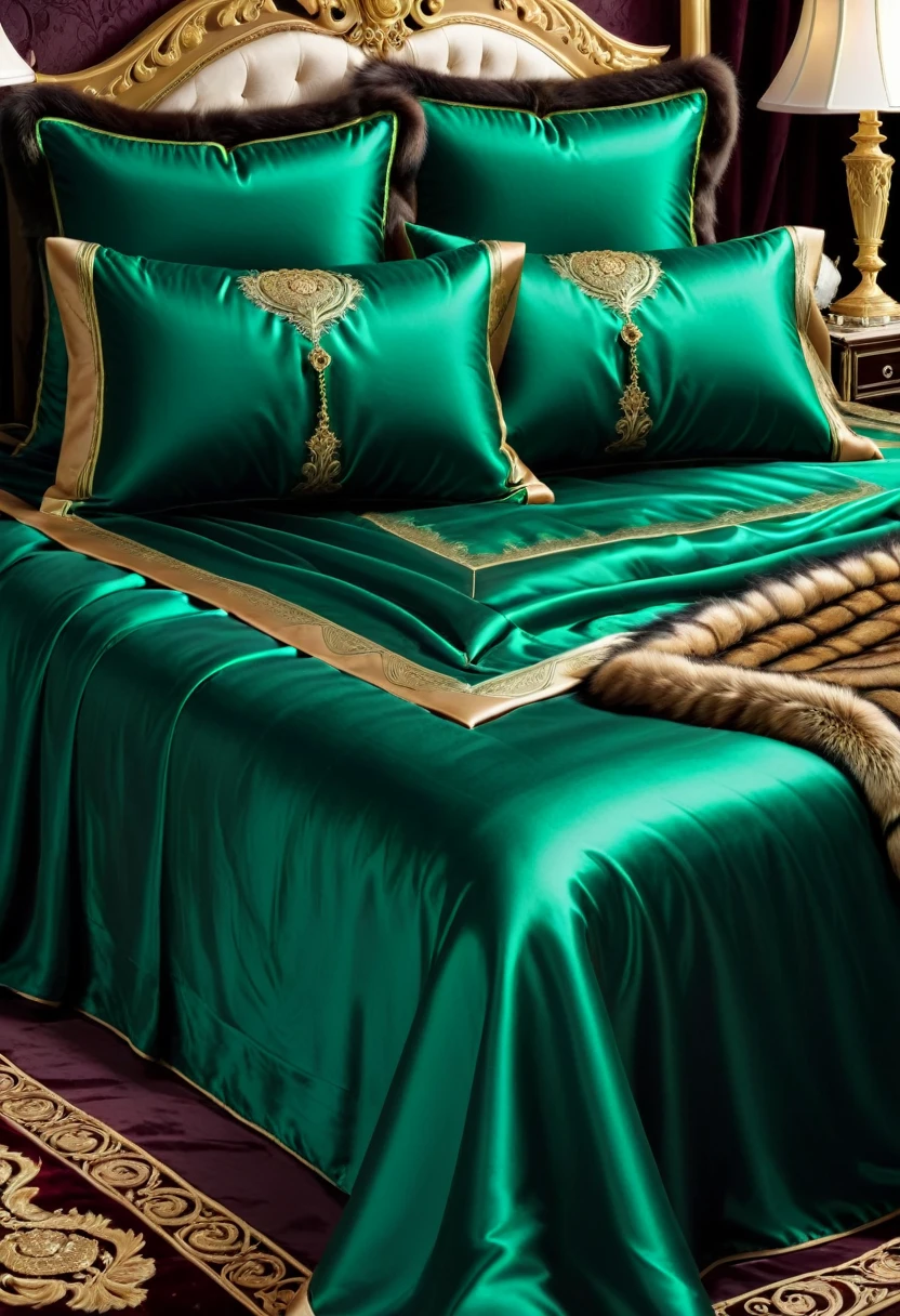emerald rose on the background of a silk bedspread, with gold embossing, and sable fur, a lot of details, really, 8 thousand.,