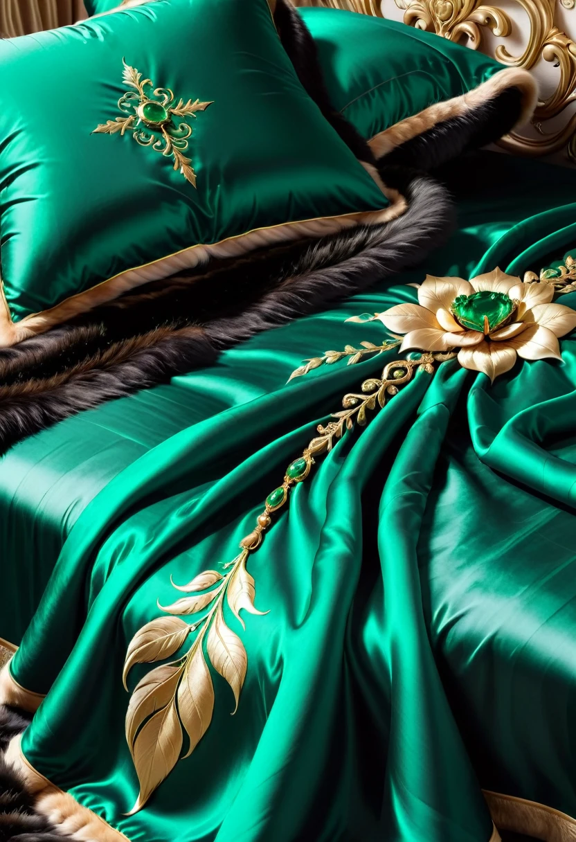 emerald rose on the background of a silk bedspread, with gold embossing, and sable fur, a lot of details, really, 8 thousand.,