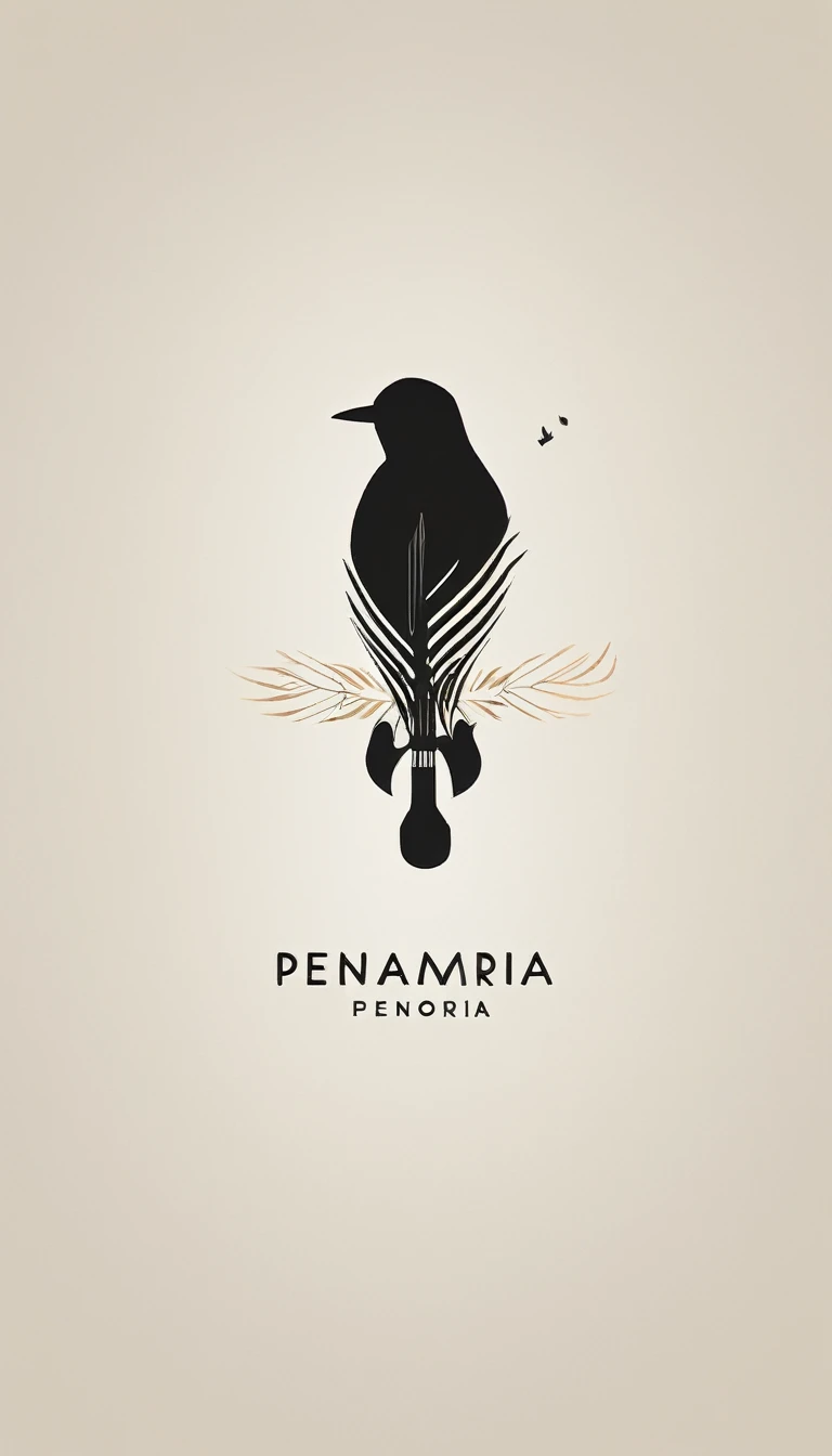 A minimal, modern, simple, cinematic logotype for the brand “Penamemoria". The logotype must be a simple, magical feather and a boy playing acoustic guitar. The logo must convey a sense of music, stories and dreams. Logo design impressed on a book cover. Minimalistic logo