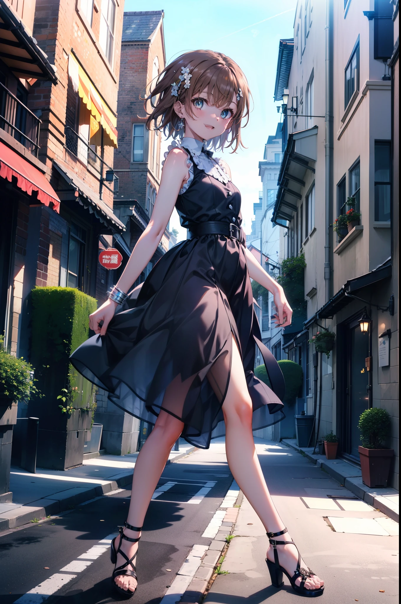 Mycotrose, Brown eyes,Brown Hair,short hair,One side up,Small breasts,Flower Hair Ornaments,happy smile, smile, Open your mouth,Sleeveless dress,Long skirt,Heeled Sandals,Walking,whole bodyがイラストに入るように, break looking at viewer, whole body, break outdoors, Coastal street with buildings, break (masterpiece:1.2), Highest quality, High resolution, unity 8k wallpaper, (shape:0.8), (Beautiful and beautiful eyes:1.6), Highly detailed face, Perfect lighting, Extremely detailed CG, (Perfect hands, Perfect Anatomy),