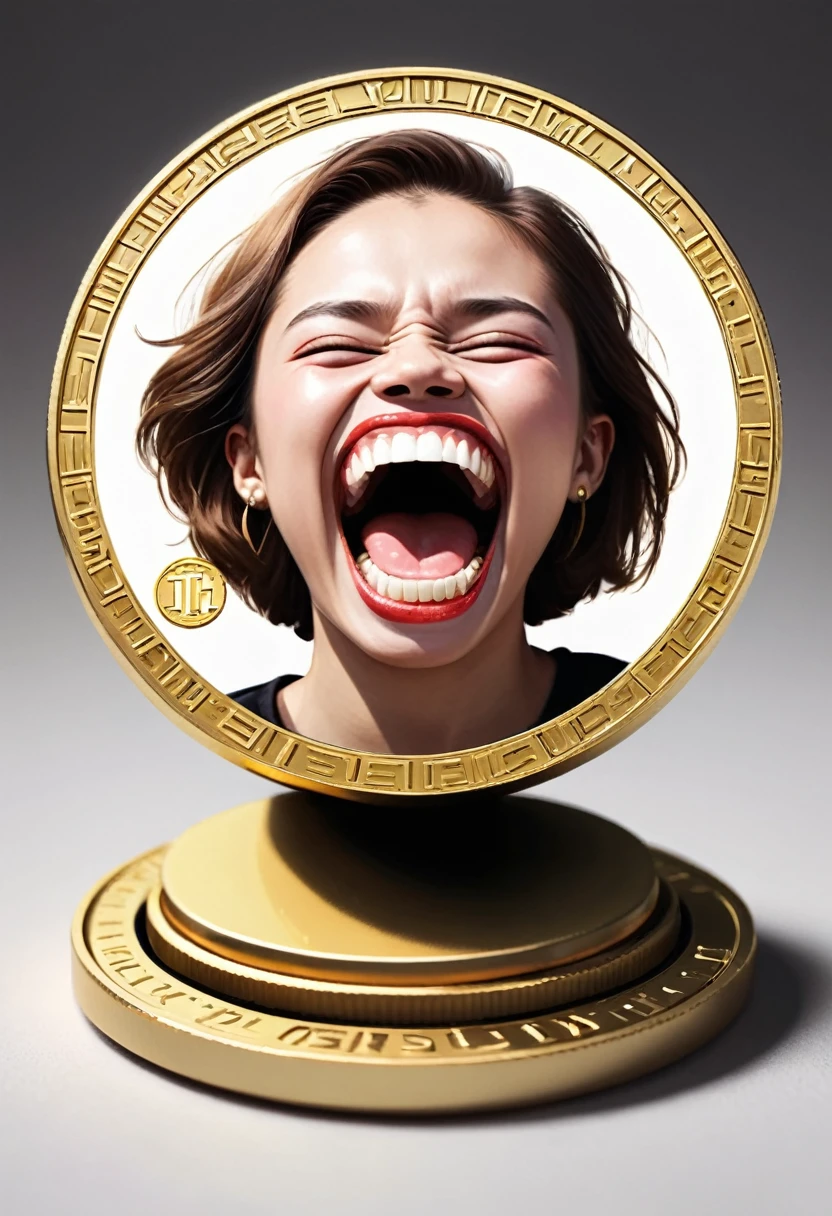 low quality、One coin、mouth、teeth、gold、Logo、central、big、Background is white