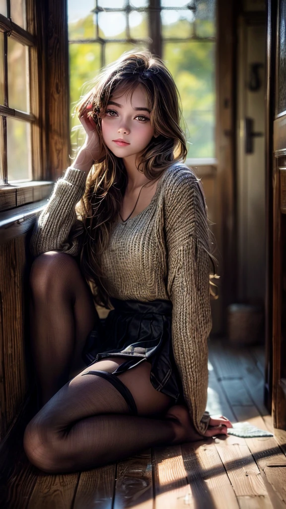 a young girl lying in the hallway of a wooden school building, beautiful detailed eyes, beautiful detailed lips, extremely detailed eyes and face, longeyelashes, school uniform, relaxed pose, sunlight streaming through windows, warm lighting, intricate wood grain textures, (best quality,4k,8k,highres,masterpiece:1.2),ultra-detailed,(realistic,photorealistic,photo-realistic:1.37),intricate architectural details,atmospheric,serene,cozy,soft colors,natural lighting