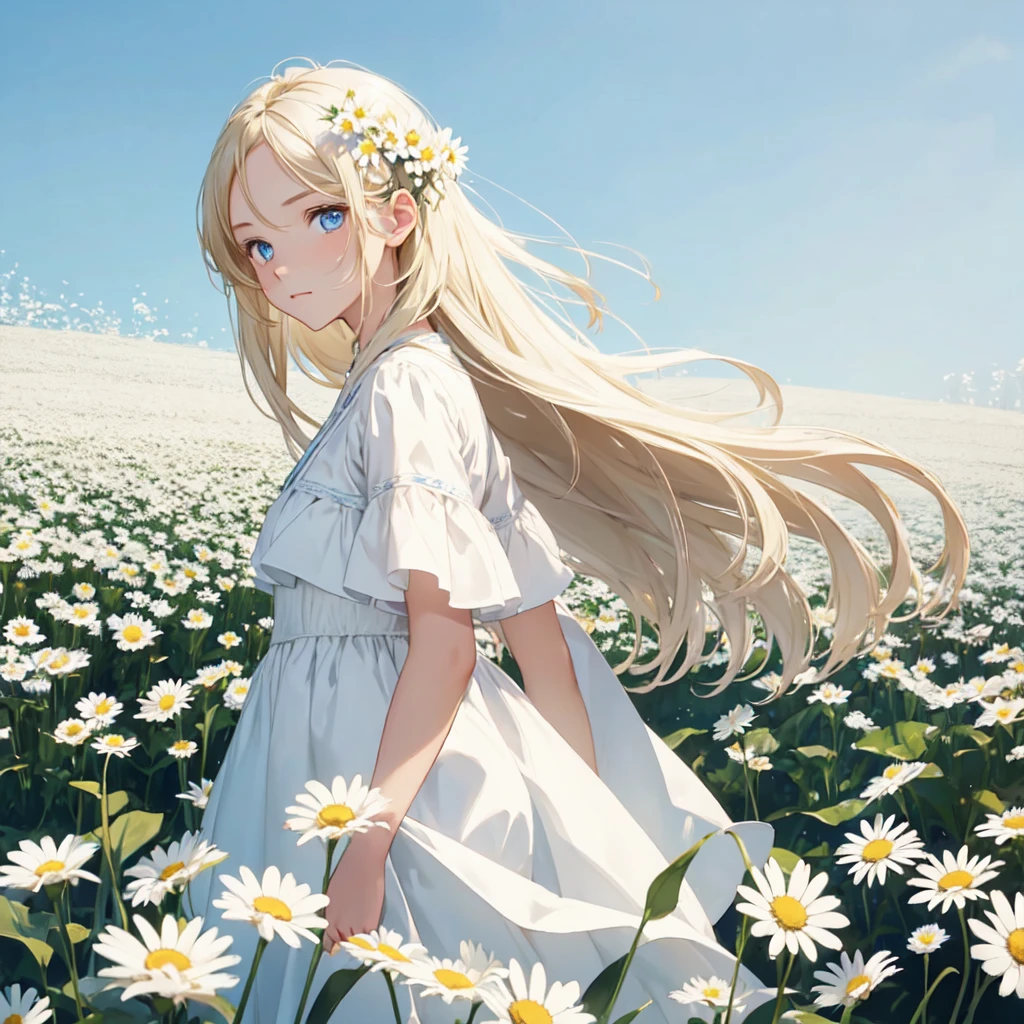 One girl,In the flower field,White flower,View your viewers,blue eyes,Blonde,Daisy,Long Hair,Pure white dress, The breeze is blowing