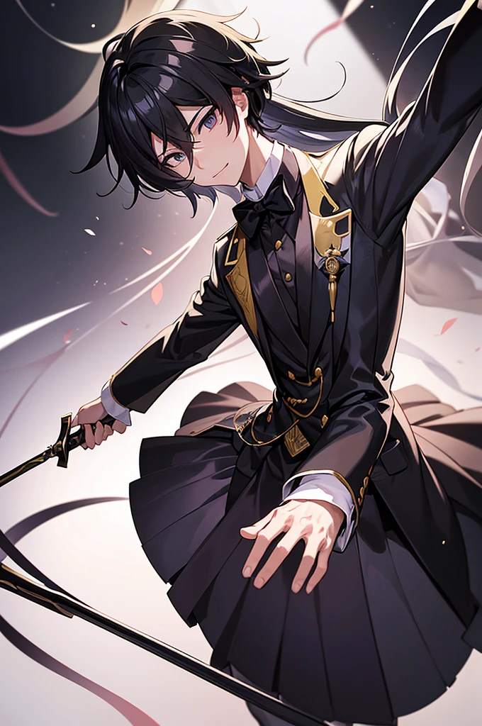 Content: An anime male character in a butler uniform with a dress sword and black bow tie. The character has a confident smirk and a mature look.

Medium: Digital art, anime illustration.

Style: Inspired by the works of Hajime Yatate and the anime "Gurren Lagann," with influences from Akasuki Voidstar, Okata Kazuto, Wataru Kajika, Takumi Fujiwara, and Taisho Roman. The character has the refined and detailed appearance typical of anime butlers.

Lighting: Dramatic lighting that highlights the character’s features and the details of the uniform, with shadows adding depth and intensity.

Colours: A palette dominated by black, white, and shades of grey, with subtle highlights to emphasize the character’s facial features and the details of the uniform and sword.

Composition: A mid-shot of the character standing confidently, with the dress sword visible at his side. The background is simple and elegant, ensuring the focus remains on the character's poised and mature demeanor.