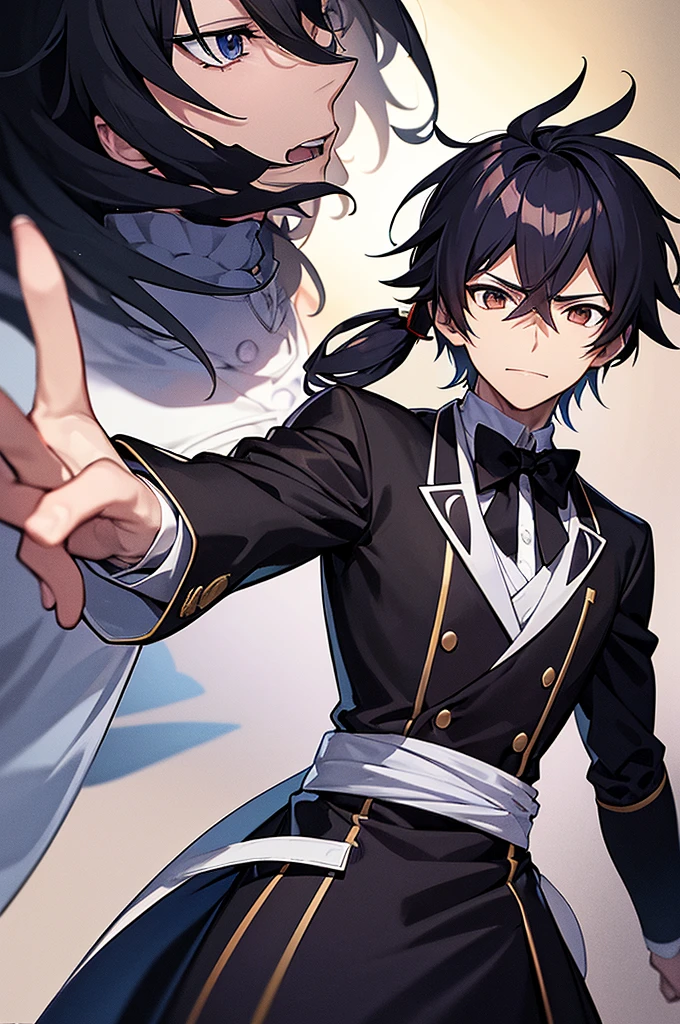 Content: An anime male character in a butler uniform with a dress sword and black bow tie. The character has a confident smirk and a mature look.
Medium: Digital art, anime illustration.
Style: Inspired by the works of Hajime Yatate and the anime "Gurren Lagann," with influences from Akasuki Voidstar, Okata Kazuto, Wataru Kajika, Takumi Fujiwara, and Taisho Roman. The character has the refined and detailed appearance typical of anime butlers.
Lighting: Dramatic lighting that highlights the character’s features and the details of the uniform, with shadows adding depth and intensity.
Colours: A palette dominated by black, white, and shades of grey, with subtle highlights to emphasize the character’s facial features and the details of the uniform and sword.
Composition: A mid-shot of the character standing confidently, with the dress sword visible at his side. The background is simple and elegant, ensuring the focus remains on the character's poised and mature demeanor.