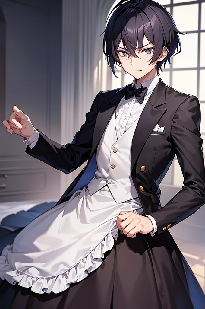 Content: An anime male character in a butler uniform with a dress sword and black bow tie. The character has a confident smirk and a mature look.
Medium: Digital art, anime illustration.
Style: Inspired by the works of Hajime Yatate and the anime "Gurren Lagann," with influences from Akasuki Voidstar, Okata Kazuto, Wataru Kajika, Takumi Fujiwara, and Taisho Roman. The character has the refined and detailed appearance typical of anime butlers.
Lighting: Dramatic lighting that highlights the character’s features and the details of the uniform, with shadows adding depth and intensity.
Colours: A palette dominated by black, white, and shades of grey, with subtle highlights to emphasize the character’s facial features and the details of the uniform and sword.
Composition: A mid-shot of the character standing confidently, with the dress sword visible at his side. The background is simple and elegant, ensuring the focus remains on the character's poised and mature demeanor.