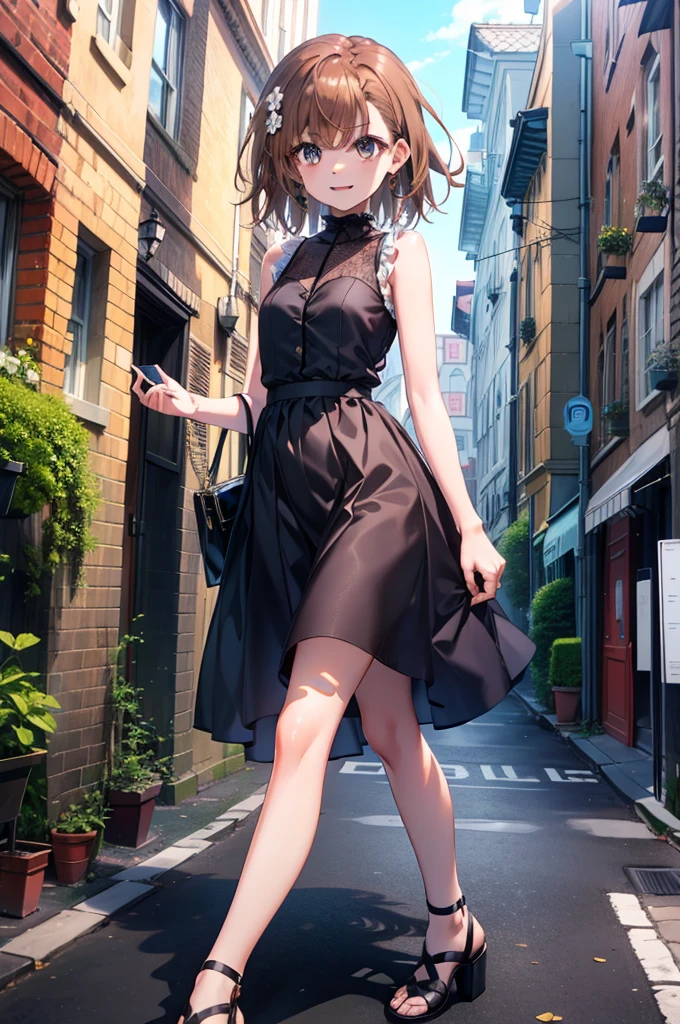 Mycotrose, Brown eyes,Brown Hair,short hair,One side up,Small breasts,Flower Hair Ornaments,happy smile, smile, Open your mouth,Sleeveless dress,Long skirt,Heeled Sandals,Walking,whole bodyがイラストに入るように,　　　　　　　　　　　　　　　　　 　　　break looking at viewer, whole body,　　　 　　　　　　break outdoors, Coastal street with buildings,　　　　　　　　　　　　　　　　　　break (masterpiece:1.2), Highest quality, High resolution, unity 8k wallpaper, (shape:0.8), (Beautiful and beautiful eyes:1.6), Highly detailed face, Perfect lighting, Extremely detailed CG, (Perfect hands, Perfect ???????),