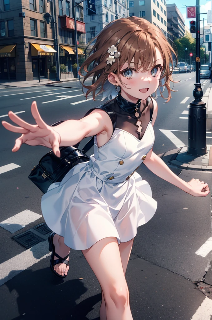 Mycotrose, Brown eyes,Brown Hair,short hair,One side up,Small breasts,Flower Hair Ornaments,happy smile, smile, Open your mouth,Sleeveless dress,Long skirt,Heeled Sandals,Walking,whole bodyがイラストに入るように, break looking at viewer, whole body, break outdoors, Coastal street with buildings, break (masterpiece:1.2), Highest quality, High resolution, unity 8k wallpaper, (shape:0.8), (Beautiful and beautiful eyes:1.6), Highly detailed face, Perfect lighting, Extremely detailed CG, (Perfect hands, Perfect Anatomy),