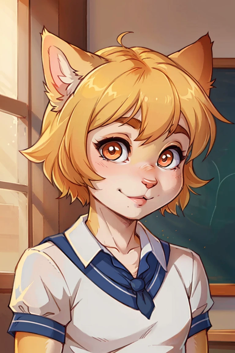 (By Iskra), beautiful male cat with anthropomorphic golden fur, , cat nose, (short messy golden hair), with very big eyes, his eyes light up orange, very bright orange pupils, beautiful and big eyelashes, big eyebrows, ((school uniform))