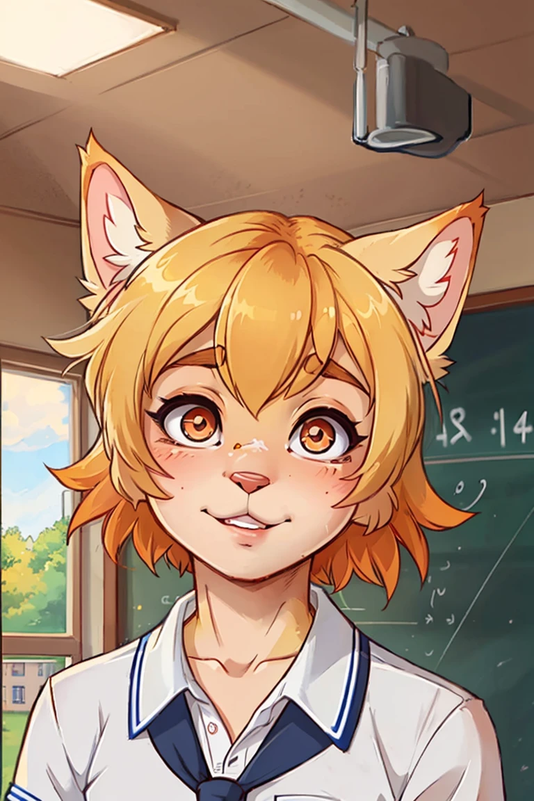 (By Iskra), beautiful male cat with anthropomorphic golden fur, , cat nose, (short messy golden hair), with very big eyes, his eyes light up orange, very bright orange pupils, beautiful and big eyelashes, big eyebrows, ((school uniform))