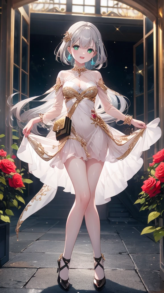 (8K, best quality, master piece: 1.3),super high resolution,1 girl, solo, full body ,ultra-detailed face, silme, (silver gray hair), thin hair clip, cyan colorshift eyes, expressive eyes, Ecstatic expression,Glamorous party dress, silk, sequins, gold, black, clutch bag, earrings, Rose garden, red, green, pink, bright and romantic