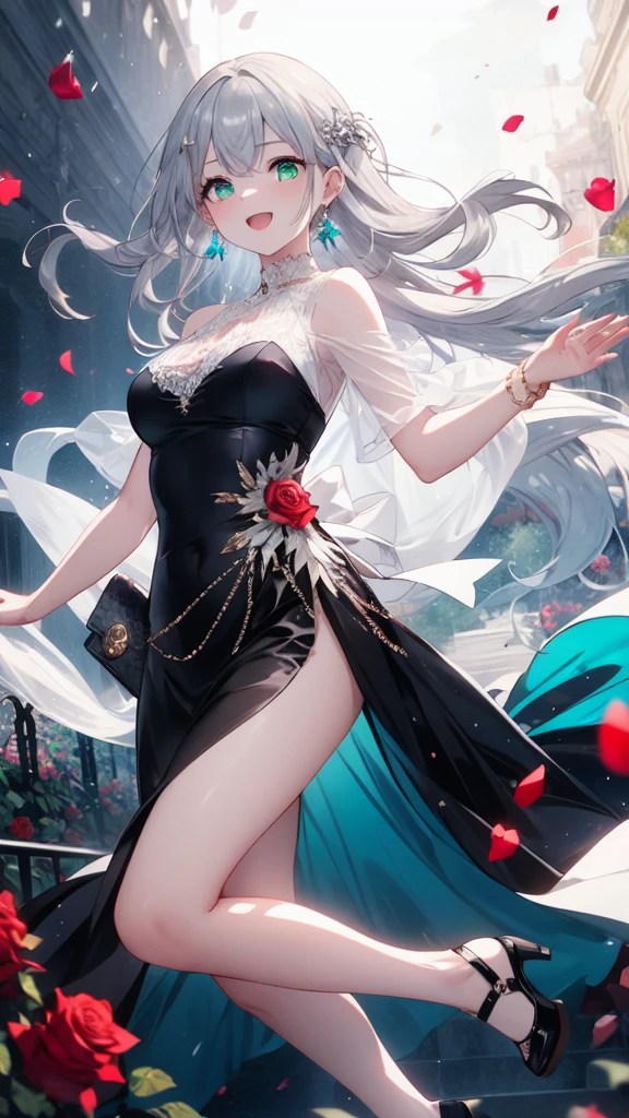 (8K, best quality, master piece: 1.3),super high resolution,1 girl, solo, full body ,ultra-detailed face, silme, (silver gray hair), thin hair clip, cyan colorshift eyes, expressive eyes, Ecstatic expression,Glamorous party dress, silk, sequins, gold, black, clutch bag, earrings, Rose garden, red, green, pink, bright and romantic