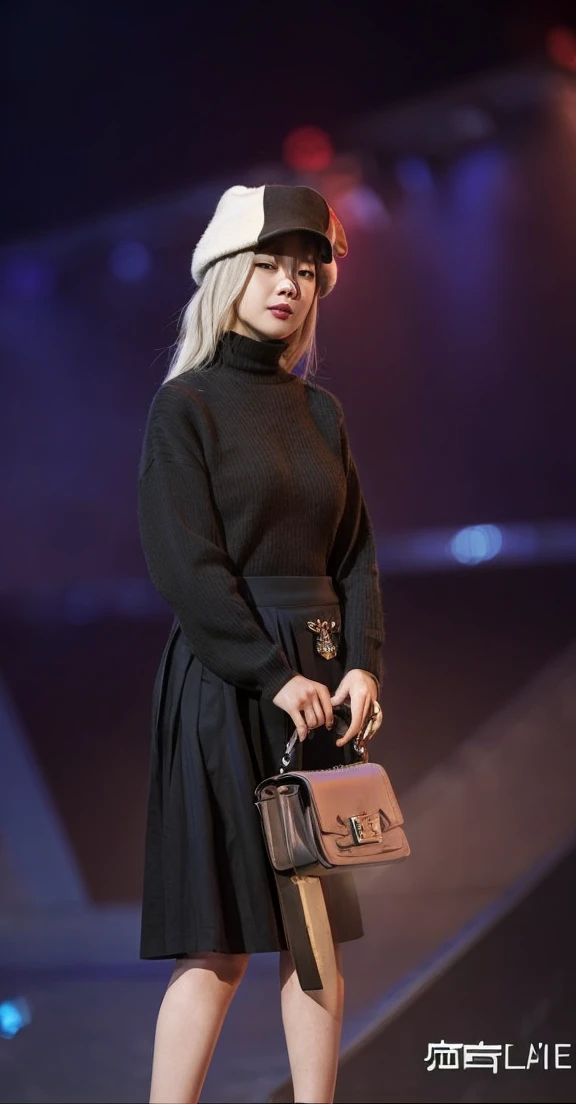 1 beautiful woman was wearing a black long-sleeved shirt and a black skirt and her hair was white
