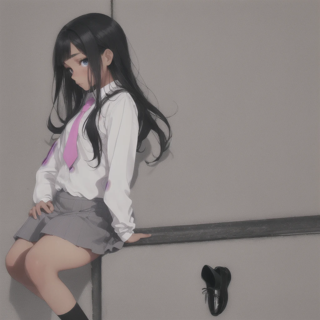 Latina teen, brown skin, beautiful face, small nose , eyelashes, blue eyes, long straight black hair, white school shirt, pink tie, grey medium length skirt, white socks, black fancy shoe, side profile