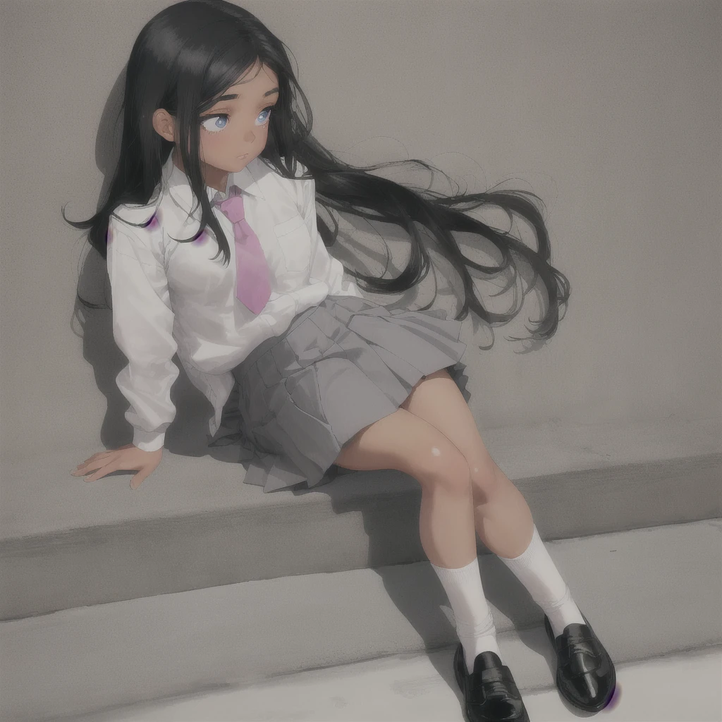 Latina , brown skin, beautiful face, small nose , eyelashes, blue eyes, long straight black hair, white school shirt, pink tie, grey medium length skirt, white socks, black fancy shoe, side profile