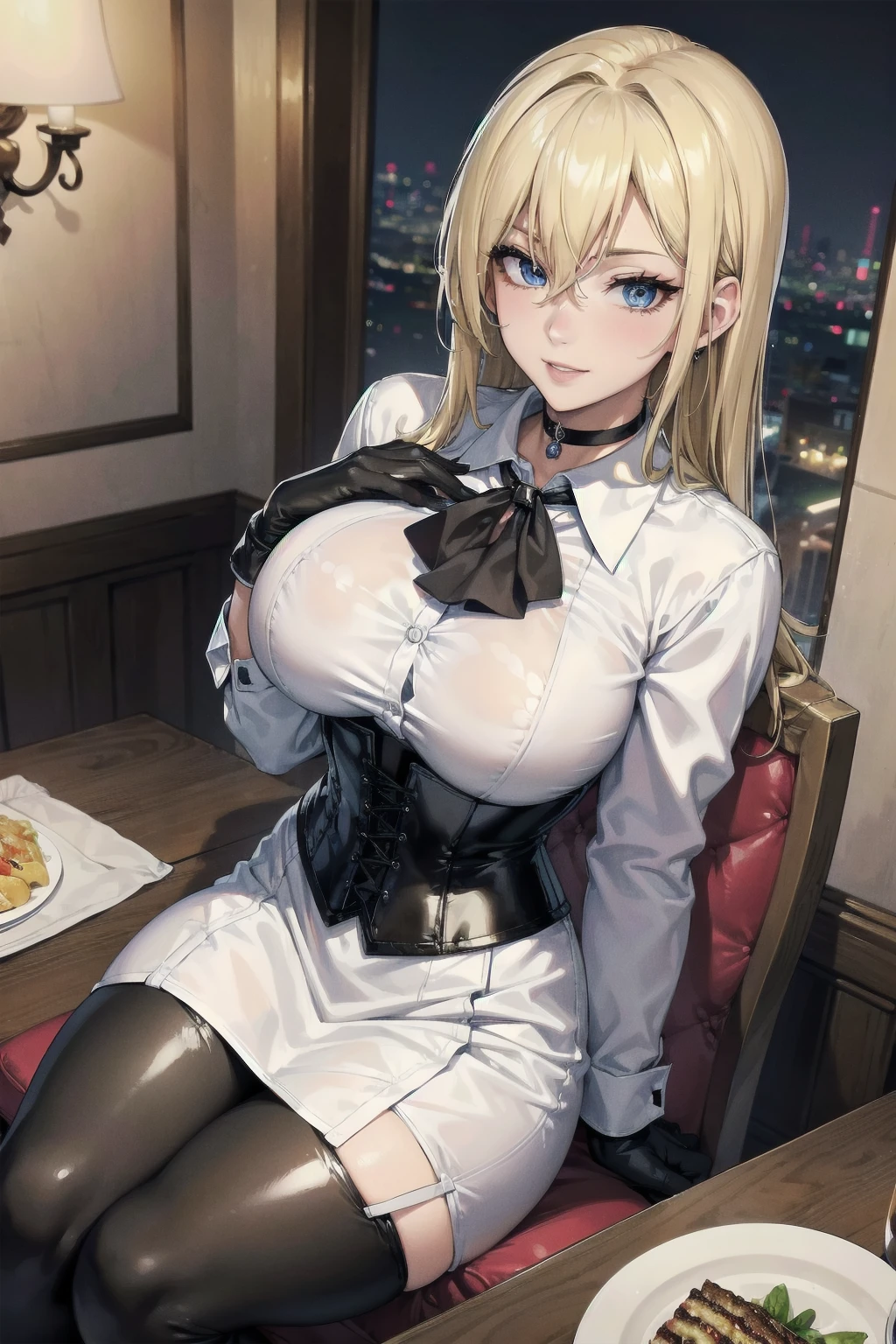 Masterpiece, Superior image quality, high resolution, 4k image,photo and gross, photorealistic, whole body, 1 young blonde of , sitting on a chair, perfectly drawn body, (big breasts), seductive expression, loving smile, Beautiful face, long blonde hair, Blue eyes, very detailed eyes,  choker:1.6, (white long sleeve button down shirt with white collar), black gloves, gloves that cover hands, (holding a fork), (black leather corset), (shiny black leggings), Sensual Lips , show details in the eyes, View from above, looking at the viewer,  elegant dining room, with plates of food, At night, low lighting