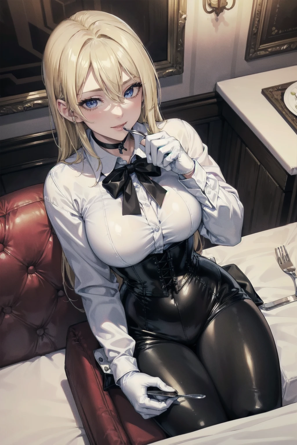 Masterpiece, Superior image quality, high resolution, 4k image,photo and gross, photorealistic, whole body, 1 young blonde of 15 years, sitting on a chair, perfectly drawn body, (big breasts), seductive expression, loving smile, Beautiful face, long blonde hair, Blue eyes, very detailed eyes,  choker:1.6, (white long sleeve button down shirt with white collar), black gloves, gloves that cover hands, (holding a fork), (black leather corset), (shiny black leggings), Sensual Lips , show details in the eyes, View from above, looking at the viewer,  elegant dining room, with plates of food, At night, low lighting