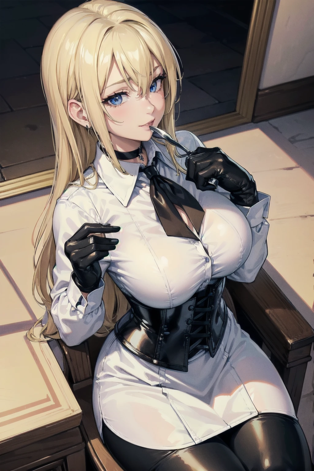 Masterpiece, Superior image quality, high resolution, 4k image,photo and gross, photorealistic, whole body, ung blonde of 15 yitting on a chair, perfectly drawn body, (big breastse expression, loving smile, Beautiful face, long blonde hair, Blue eyes, very detailed eyes, choker:1.6, (white long sleeve button down shirt withte collar), black gloves, gloves that cover hands, (holding a fork), (black leather corset), (shiny black leggings), Sensual Lips , show details in the eyes, View from above, looking at the viewer, elegant dining room, with plates of food, At night, low lighting