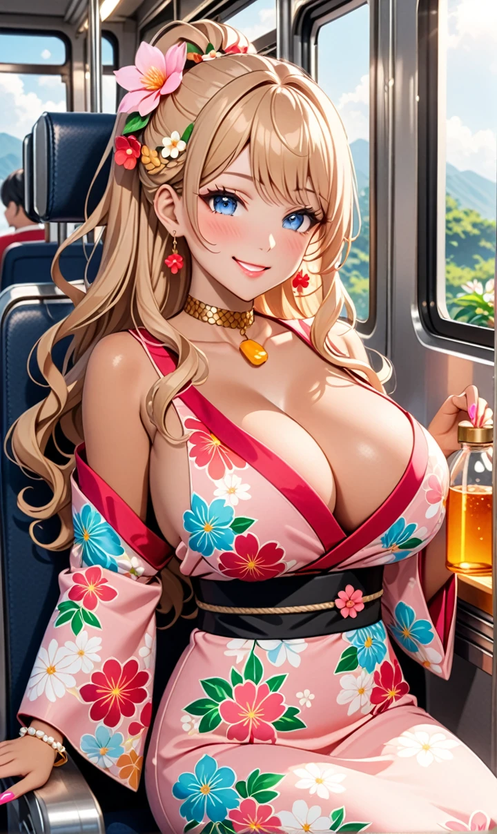 ultra-detailed, ((one girl)),  (tan skin:1.5), in pastel colors gyaru, (heavy makeup), (professional lighting) hyper detailed, absurdres, 8k, Beautiful Face, (Laugh shyly), ((teasing smile:1.6)), ((happy smile:1.5)),  ((Wink:1.6)), (Laugh with your mouth wide open),((Tilt your face:1.6)), View your viewers, ((Bright red cheeks:1.6)),Glossy shocking pink lips, ((huge breasts:1.6)),  ((undressing)), noon, summer, on the train, Anime style background)),masterpiece, Highest quality, (Brighten your face), so beautiful,Latest, Complex details, ((fluorescent pink long nail:1.2)), (ring),(bracelet), (Floral choker),AI-generated, Complex,High resolution, Highest quality, super high quality,3D Images、3D Images,One person, ((honey blond long hair), (High Ponytail), (wavy hair:1.4), Anime woman posing for a photo, ((Fine grain、blue eyes、glowing eyes:1.3)), (Squint your eyes:1.1),a hyperRealistic , hyperRealistic , Realistic,Anime woman with long honey blonde hair, Smooth anime CG art, A girl in a gorgeous pastel-colored kimono, ((Pastel-colored furisode)),(Pink large floral pattern),  (sideboob), Long flower hair ornament,Big earrings, Mature Body, tall,Narrow waist, portrait, (Sit in your seat), (learning forward:1.1), (Offering a bottle of tea),