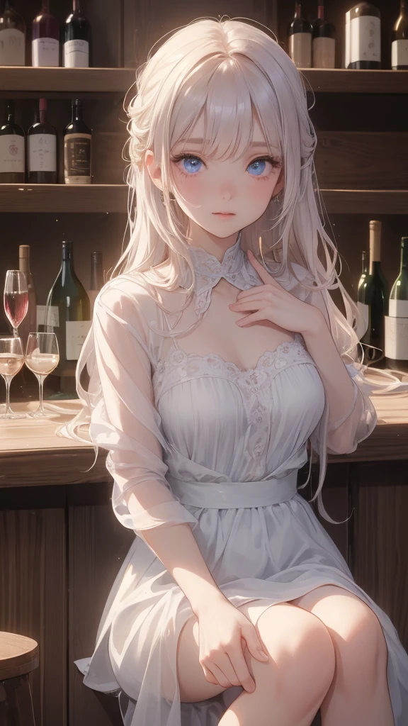 Beautiful girl, rosto angelical, face detailed ( extremely sad expression),  (melancholic), holding a glass of wine, sitting at the counter of a wine cellar, blue eye, light hair, work of art, ((ultra detaild)), ((4K)),, having a drink, Drunk, glad, Grinning, (shunlight)