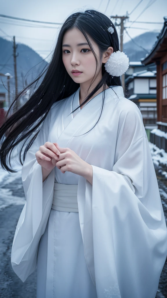 A surreal scene featuring a giant, pale, expressionless human head floating in the sky above a small rural town lined with traditional Japanese houses. The sky is overcast, adding a mysterious and eerie atmosphere to the setting. The surrounding landscape also includes power lines, trees, and distant mountains, creating a sharp contrast between the ordinary town and the surreal floating head, A realistic depiction of a Yuki-onna, a snow-woman yokai from Japanese folklore. She should appear as an ethereal being, a beautiful woman with long black hair and pale, almost transparent skin. Her eyes should be cold and piercing, and she should wear a white kimono that blends in with the snowy background. There should be a cold atmosphere around her, with frost and ice particles in the air.