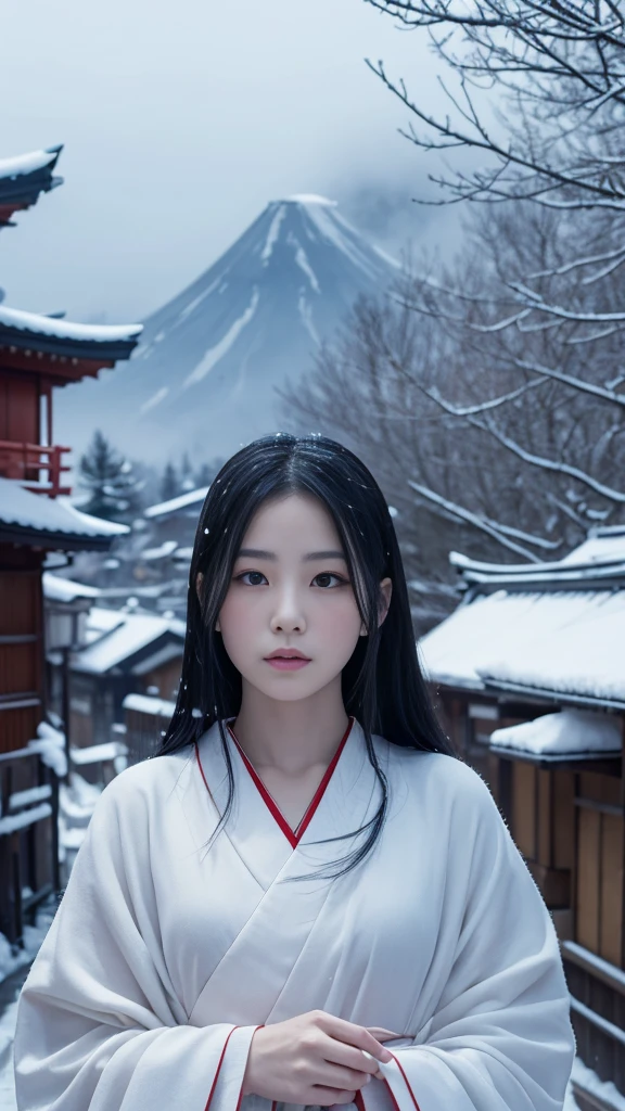 A surreal scene featuring a giant, pale, expressionless human head floating in the sky above a small rural town lined with traditional Japanese houses. The sky is overcast, adding a mysterious and eerie atmosphere to the setting. The surrounding landscape also includes power lines, trees, and distant mountains, creating a sharp contrast between the ordinary town and the surreal floating head, A realistic depiction of a Yuki-onna, a snow-woman yokai from Japanese folklore. She should appear as an ethereal being, a beautiful woman with long black hair and pale, almost transparent skin. Her eyes should be cold and piercing, and she should wear a white kimono that blends in with the snowy background. There should be a cold atmosphere around her, with frost and ice particles in the air.