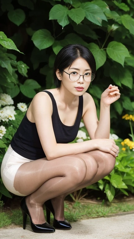 Japanese,young, (alone), 19 years old, (double),whole body,short hair, Glamour, Pure white skin, Photographed from the front,Observe the audience、(Black tank top)、(Black Pantyhose),((Black high heels))、garden、Squat,Wearing glasses