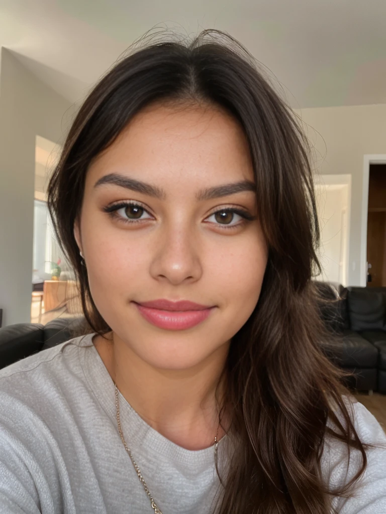 A beautiful girl, face detail, brown eyes, cuban mixed tunisian woman, almond eye shape, cute gaze, full lips, diamond faceshape, little nose, curved round eyebrows shape, standing in a living room, very detailed, innocent face, naturally wavy hair, high quality, small wrinkles, 4k, 8k UH, charming smile, real life, extremely detailed, small dark circles, mole, imperfections, medium arch eyebrows shape