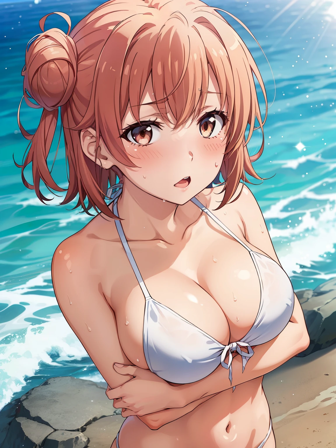((Highest quality, High resolution,  Pixel perfect,  4K)),  (Beautiful Anime Girls), Written boundary depth、
Observe the audience, 
Perfect body, 

Yuigahama Yui, Brown eyes、Fine grain、Single hair bun, 

(???????????:1.3)、Soft ???????、crushed ??????、

Micro ??????、White swimsuit、Front tie ??????、Frilled ??????、

sunlight、
Ocean、
(Focus on the ?????:1.5)、

(Embarrassing、blush、Sweat:1.3)、
Cross your arms、Arms under ?????、
From above、