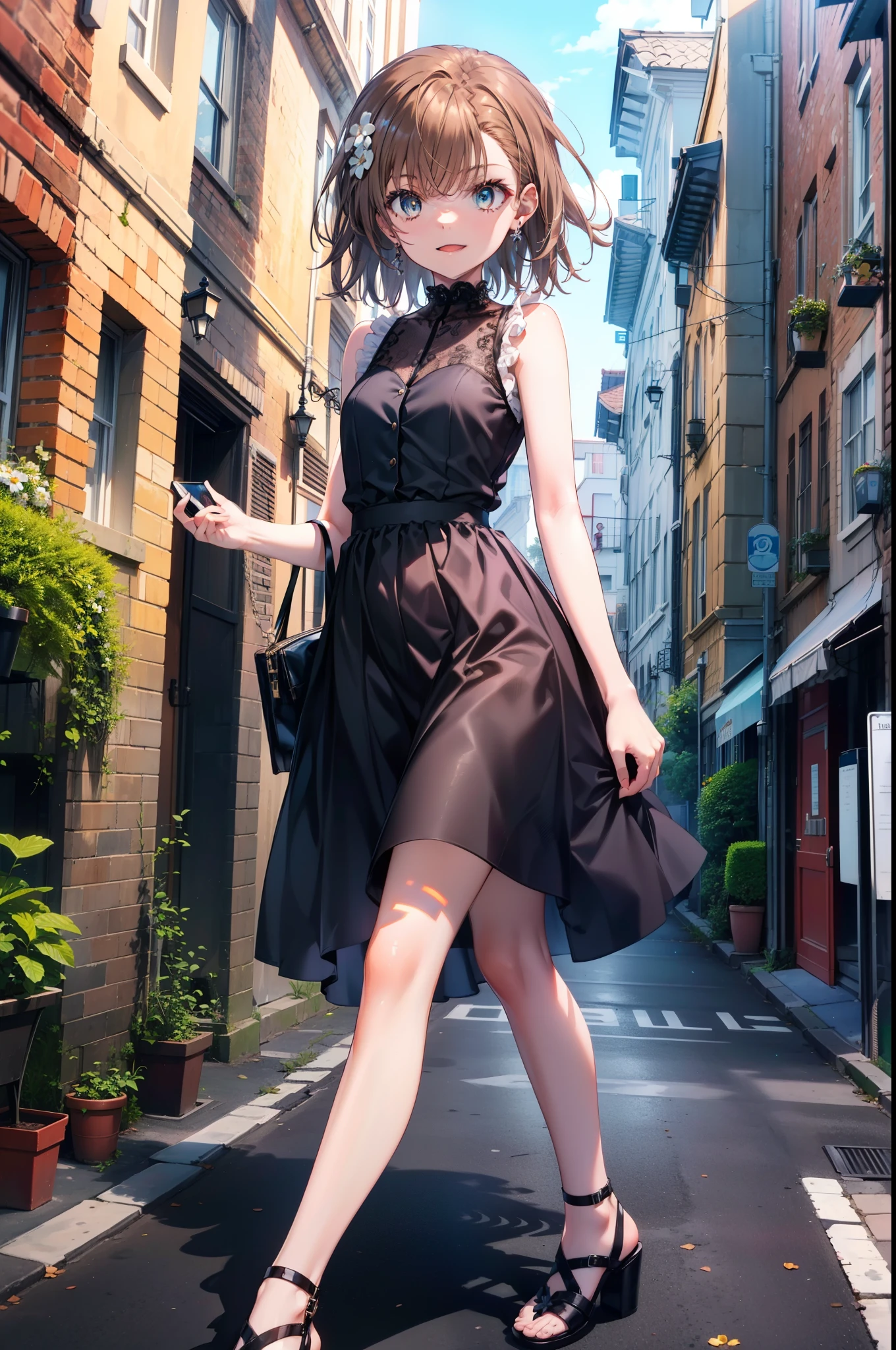 Mycotrose, Brown eyes,Brown Hair,short hair,One side up,Small breasts,Flower Hair Ornaments,happy smile, smile, Open your mouth,Sleeveless dress,Long skirt,Heeled Sandals,Walking,whole bodyがイラストに入るように, break looking at viewer, whole body, break outdoors, Coastal street with buildings, break (masterpiece:1.2), Highest quality, High resolution, unity 8k wallpaper, (shape:0.8), (Beautiful and beautiful eyes:1.6), Highly detailed face, Perfect lighting, Extremely detailed CG, (Perfect hands, Perfect Anatomy),