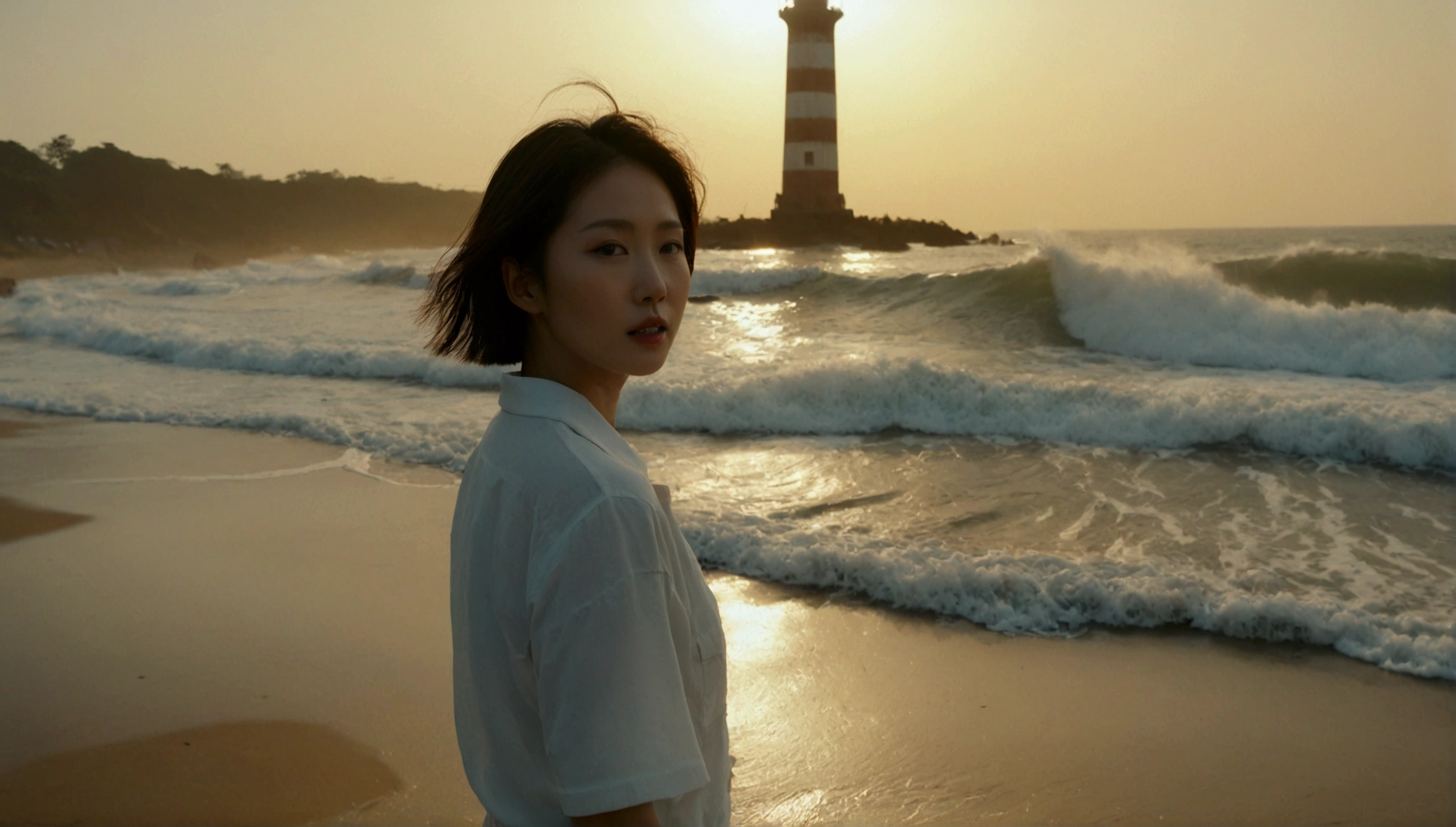 8k, realistic, lifelike photo, Realistic appearance of nature, beach at sunset, pale light, 36 year old Korean woman, short medium hair, Woman standing in endless beach waves. Close-up from afar with a wide-angle lens, tower, White shorts, waves crashing, Clear picture quality