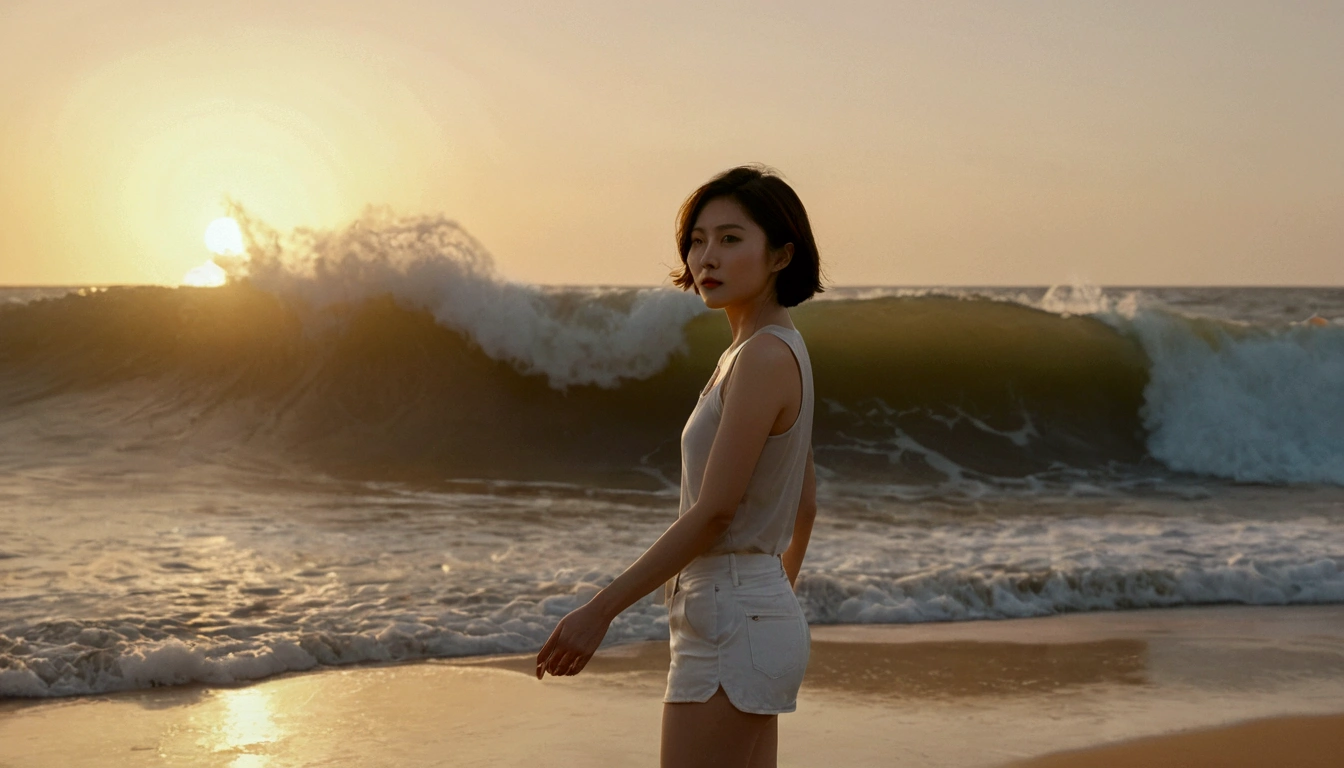 8k, realistic, lifelike photo, Realistic appearance of nature, beach at sunset, pale light, 36 year old Korean woman, short medium hair,  Woman standing in endless beach waves. Close-up from afar with a wide-angle lens, tower, White shorts, waves crashing, Clear picture quality