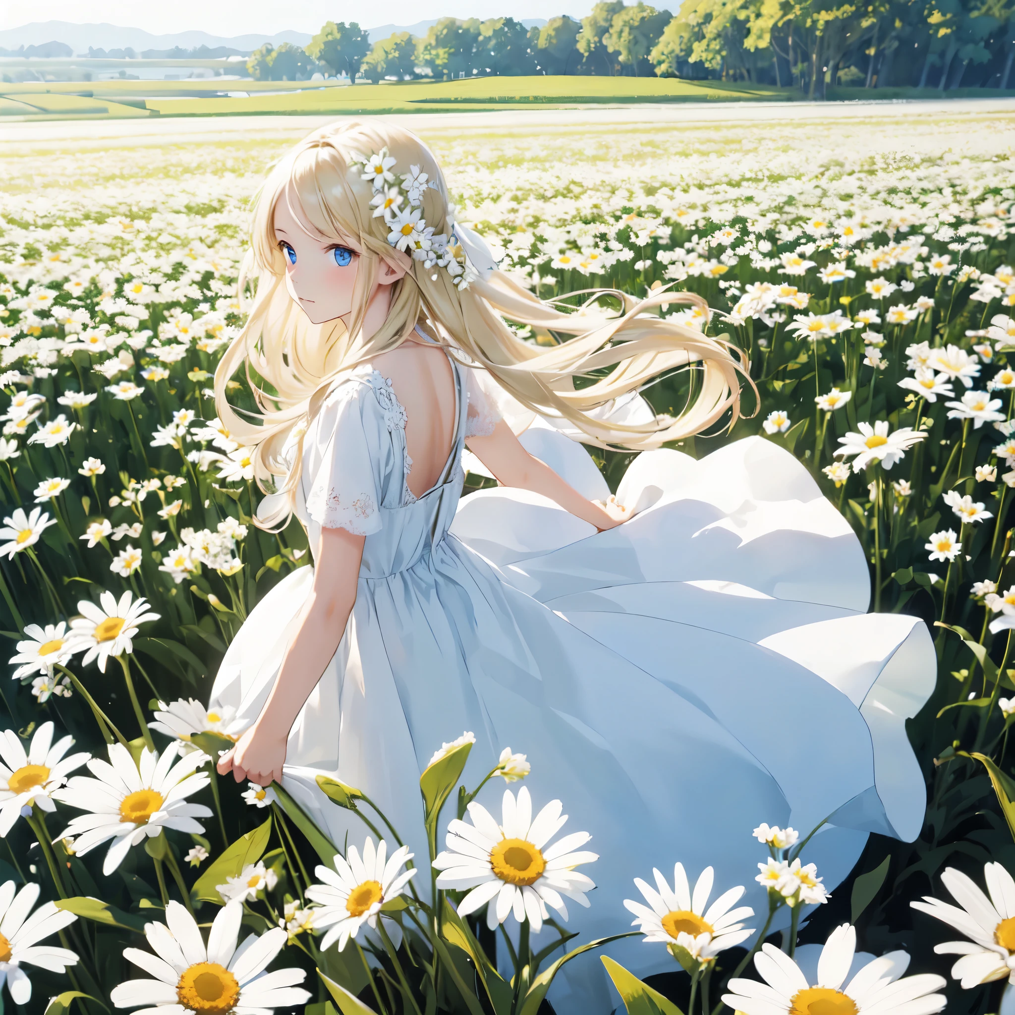 One girl,In the flower field,White flower,View your viewers,blue eyes,Blonde,Daisy,Long Hair,Pure white dress, The breeze is blowing