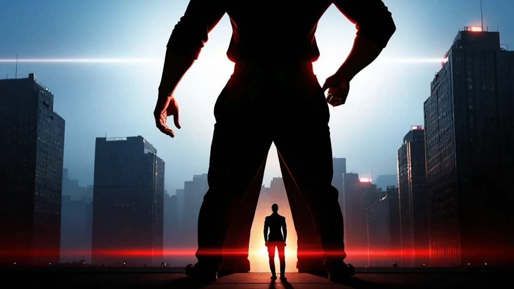 (( back view)) (( black male, 22 years old, handsome, strong built)) ((Wearing white sweater)) looking  towards a gigantic, closed, door with red eyes)) ((entry is blocked by a silhouette of a huge man)) surreal environment, powerful illustration, conceptual art, poster, illustration